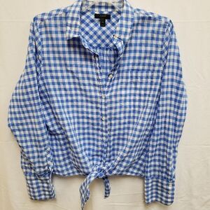 J. Crew Blue & White Sz 12 Womens Gingham Checked Tie Front Cotton Blouse Long S